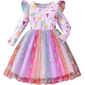 Toddler Kids Girls Ruffle Long Sleeve Round Neck Elastic Waist Spark Dress Multi Layers Holiday Party Dress