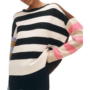 Striped Sweater Women Color Block Oversized Pullover Sweaters Fall Crewneck Batwing Sleeve Knit Tops