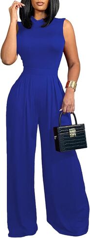 LYANER Women's Elegant Crewneck Sleeveless High Waist Long Wide Leg Pant Jumpsuit Romper in Saudi Arabia