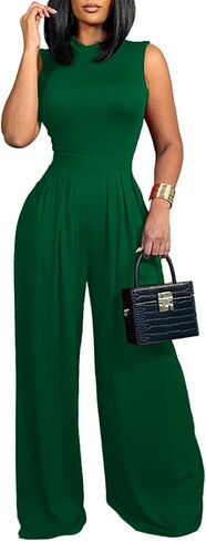 LYANER Women's Elegant Crewneck Sleeveless High Waist Long Wide Leg Pant Jumpsuit Romper in Saudi Arabia