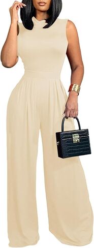 LYANER Women's Elegant Crewneck Sleeveless High Waist Long Wide Leg Pant Jumpsuit Romper in Saudi Arabia