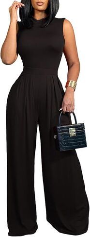 LYANER Women's Elegant Crewneck Sleeveless High Waist Long Wide Leg Pant Jumpsuit Romper in Saudi Arabia