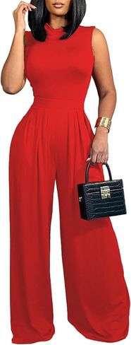 LYANER Women's Elegant Crewneck Sleeveless High Waist Long Wide Leg Pant Jumpsuit Romper in Saudi Arabia