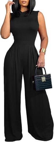 LYANER Women's Elegant Crewneck Sleeveless High Waist Long Wide Leg Pant Jumpsuit Romper in Saudi Arabia