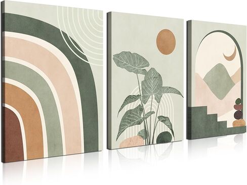 Boho Wall Art Set of 3 Mid Century Modern Wall Decor Abstract Geometric Prints Black Green Plant Sun Natural Framed Canvas Prints Artwork Ready To Hang for Living Room Bathroom Bedroom 12x16inch in Kuwait