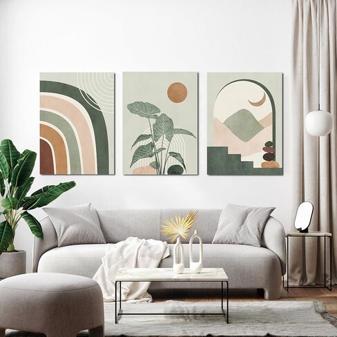Boho Wall Art Set of 3 Mid Century Modern Wall Decor Abstract Geometric Prints Black Green Plant Sun Natural Framed Canvas Prints Artwork Ready To Hang for Living Room Bathroom Bedroom 12x16inch in Kuwait