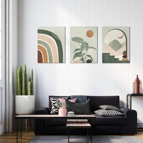 Boho Wall Art Set of 3 Mid Century Modern Wall Decor Abstract Geometric Prints Black Green Plant Sun Natural Framed Canvas Prints Artwork Ready To Hang for Living Room Bathroom Bedroom 12x16inch in Kuwait