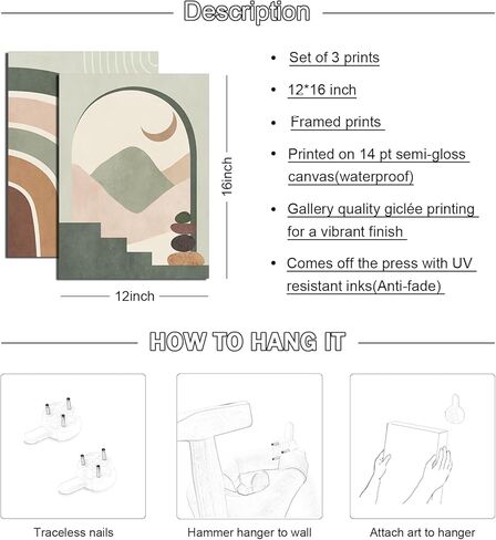 Boho Wall Art Set of 3 Mid Century Modern Wall Decor Abstract Geometric Prints Black Green Plant Sun Natural Framed Canvas Prints Artwork Ready To Hang for Living Room Bathroom Bedroom 12x16inch in Kuwait