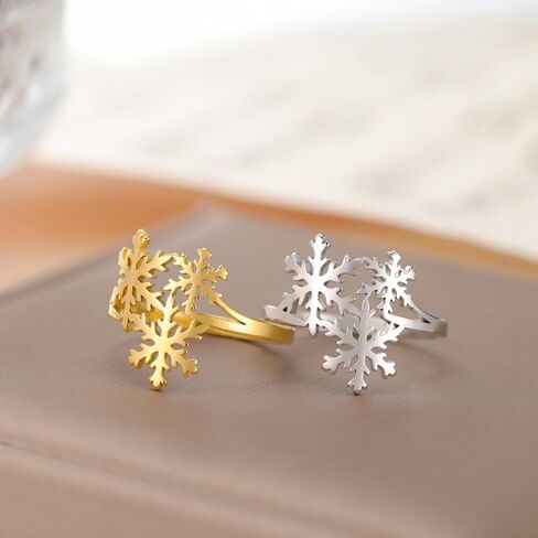 TEAMER Adjustable Snowflake Ring Stainless Steel Christmas Snowflake Ring Winter Jewelry Band Open Ring For Women in Kuwait