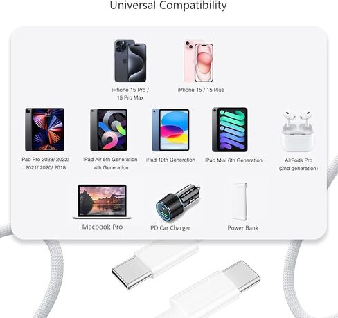 شاحن سريع 6FT 20W لأجهزة AirPods 4، AirPods Pro 2، AirPods Pro (الجيل الثاني)، iPhone 16 15 Pro Max 16 Plus، iPhone 15، iPad Pro 13/12.9/11 بوصة، Air 13/11 بوصة 5/4، iPad 10th كابل USB C من النوع C المنسوج in Saudi Arabia