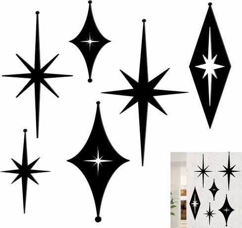 6 Pcs Iron Star Wall Decor Black Starburst Metal Wall Art Mid Century Modern Wall Decorations Atomic Stars Wall Hangings Rustic Indoor Outdoor Wall Accents Metal Art Sculptures for Living Room Bedroom in Kuwait