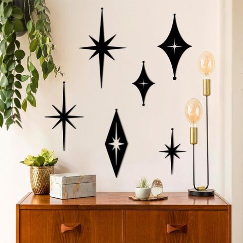 6 Pcs Iron Star Wall Decor Black Starburst Metal Wall Art Mid Century Modern Wall Decorations Atomic Stars Wall Hangings Rustic Indoor Outdoor Wall Accents Metal Art Sculptures for Living Room Bedroom in Kuwait