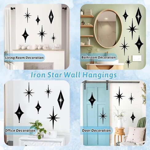 6 Pcs Iron Star Wall Decor Black Starburst Metal Wall Art Mid Century Modern Wall Decorations Atomic Stars Wall Hangings Rustic Indoor Outdoor Wall Accents Metal Art Sculptures for Living Room Bedroom in Kuwait