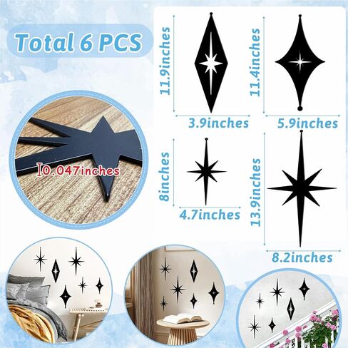 6 Pcs Iron Star Wall Decor Black Starburst Metal Wall Art Mid Century Modern Wall Decorations Atomic Stars Wall Hangings Rustic Indoor Outdoor Wall Accents Metal Art Sculptures for Living Room Bedroom in Kuwait