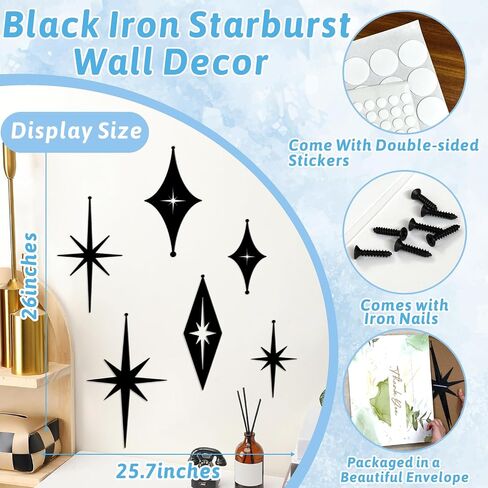 6 Pcs Iron Star Wall Decor Black Starburst Metal Wall Art Mid Century Modern Wall Decorations Atomic Stars Wall Hangings Rustic Indoor Outdoor Wall Accents Metal Art Sculptures for Living Room Bedroom in Kuwait