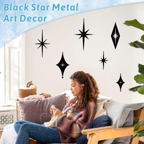 6 Pcs Iron Star Wall Decor Black Starburst Metal Wall Art Mid Century Modern Wall Decorations Atomic Stars Wall Hangings Rustic Indoor Outdoor Wall Accents Metal Art Sculptures for Living Room Bedroom in Kuwait