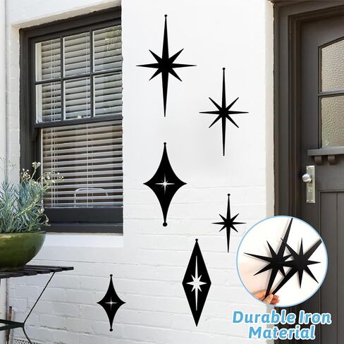 6 Pcs Iron Star Wall Decor Black Starburst Metal Wall Art Mid Century Modern Wall Decorations Atomic Stars Wall Hangings Rustic Indoor Outdoor Wall Accents Metal Art Sculptures for Living Room Bedroom in Kuwait