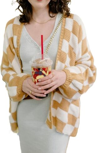 سترة نسائية كبيرة الحجم منقوشة Y2K بأكمام طويلة ومربعات مفتوحة من الأمام سترة متماسكة غير رسمية فضفاضة ملابس خارجية ملابس خروج in Kuwait