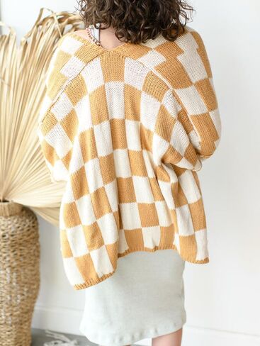 سترة نسائية كبيرة الحجم منقوشة Y2K بأكمام طويلة ومربعات مفتوحة من الأمام سترة متماسكة غير رسمية فضفاضة ملابس خارجية ملابس خروج in Kuwait