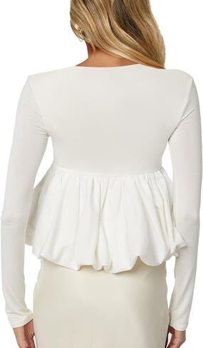 CSDAJIO Women's Bubble Hem Long Sleeve Babydoll Top Scoop Neck Ruffle Peplum Shirt Blouse Cute Going Out Shirts in Saudi Arabia