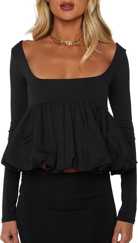 CSDAJIO Women's Bubble Hem Long Sleeve Babydoll Top Scoop Neck Ruffle Peplum Shirt Blouse Cute Going Out Shirts in Saudi Arabia