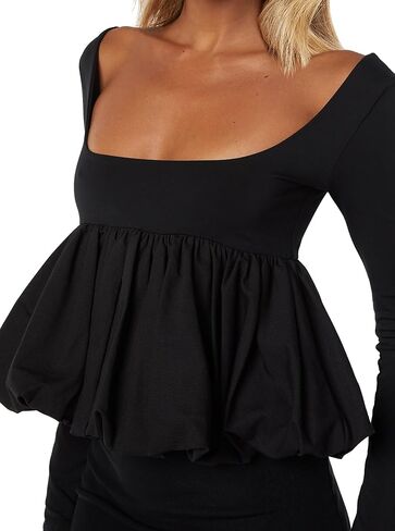 CSDAJIO Women's Bubble Hem Long Sleeve Babydoll Top Scoop Neck Ruffle Peplum Shirt Blouse Cute Going Out Shirts in Saudi Arabia