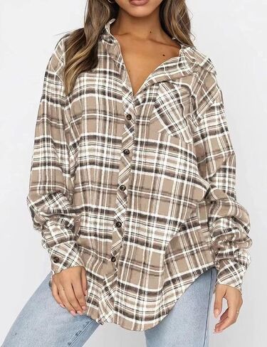 قمصان منقوشة من الفلانيل للسيدات من Zontroldy مقاس كبير وأكمام طويلة وأزرار سفلية قميص منقوش من الجاموس وبلوزات علوية in Kuwait