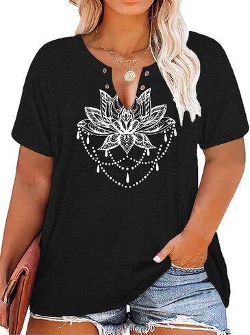 HDLTE Plus Size Shirts for Women Keyhole Floral Tops Casual Short Sleeve Sexy V Neck Summer Tees Shirt in Saudi Arabia
