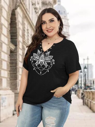 HDLTE Plus Size Shirts for Women Keyhole Floral Tops Casual Short Sleeve Sexy V Neck Summer Tees Shirt in Saudi Arabia
