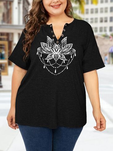 HDLTE Plus Size Shirts for Women Keyhole Floral Tops Casual Short Sleeve Sexy V Neck Summer Tees Shirt in Saudi Arabia