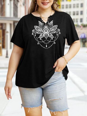 HDLTE Plus Size Shirts for Women Keyhole Floral Tops Casual Short Sleeve Sexy V Neck Summer Tees Shirt in Saudi Arabia