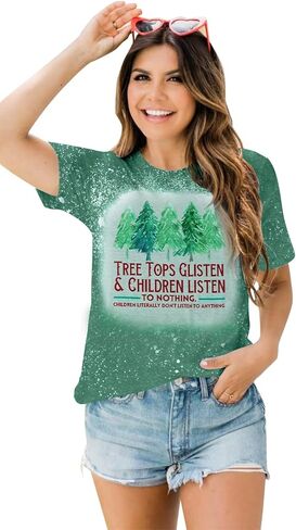 Teacher Christmas Shirt Women Tree Tops Glisten Children Listen Bleached Tee Cute Tree Graphic Teacher Gift Shirts in Kuwait