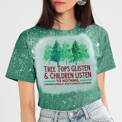 Teacher Christmas Shirt Women Tree Tops Glisten Children Listen Bleached Tee Cute Tree Graphic Teacher Gift Shirts in Kuwait