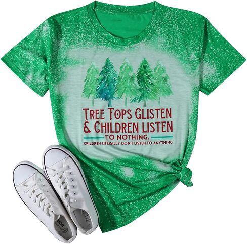 Teacher Christmas Shirt Women Tree Tops Glisten Children Listen Bleached Tee Cute Tree Graphic Teacher Gift Shirts in Kuwait