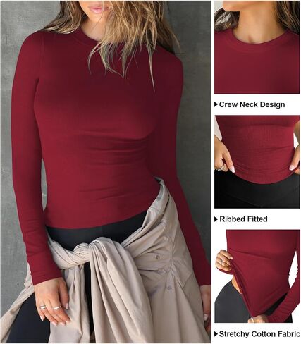 Women Long Sleeve T Shirts Crew Neck Ribbed Top for Women Going Out Workout Basic Tight Tee Fitted Cotton Tops in Kuwait