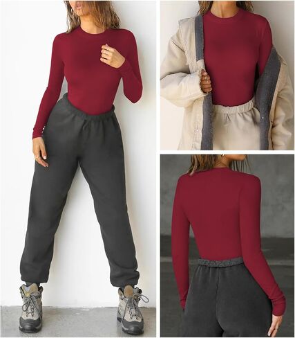 Women Long Sleeve T Shirts Crew Neck Ribbed Top for Women Going Out Workout Basic Tight Tee Fitted Cotton Tops in Kuwait