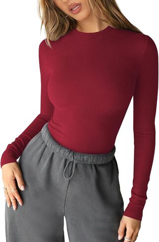 Women Long Sleeve T Shirts Crew Neck Ribbed Top for Women Going Out Workout Basic Tight Tee Fitted Cotton Tops in Kuwait