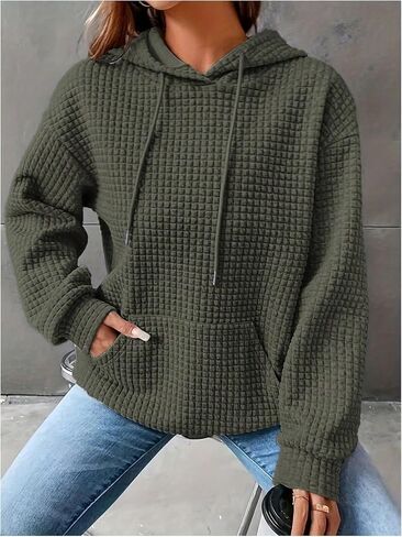 Women's Plus Size Waffle Knit Hoodie Drawstring Long Sleeve Sweatshirts with Pocket in Saudi Arabia