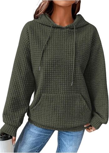 Women's Plus Size Waffle Knit Hoodie Drawstring Long Sleeve Sweatshirts with Pocket in Saudi Arabia