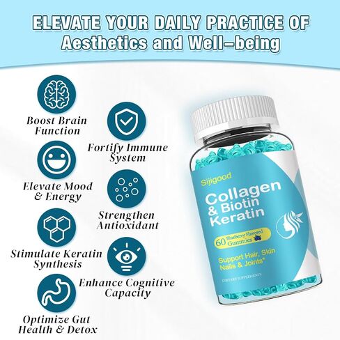 Biotin Gummies 15000mcg with Collagen, Keratin, Hyaluronic Acid, Vitamin for Skin, Hair Growth, Nails & Joints, Women Men Adults Kids - 60 Blueberry Flavored Gummies in Kuwait