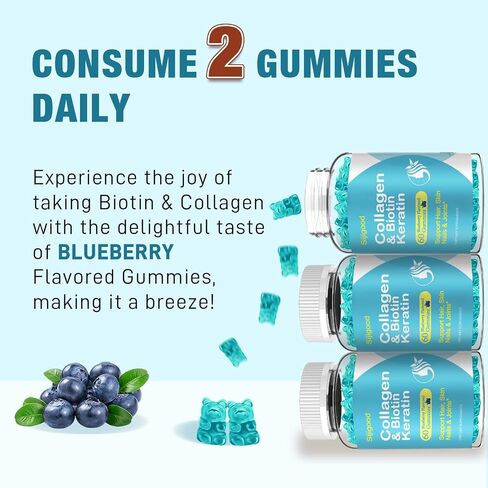 Biotin Gummies 15000mcg with Collagen, Keratin, Hyaluronic Acid, Vitamin for Skin, Hair Growth, Nails & Joints, Women Men Adults Kids - 60 Blueberry Flavored Gummies in Kuwait