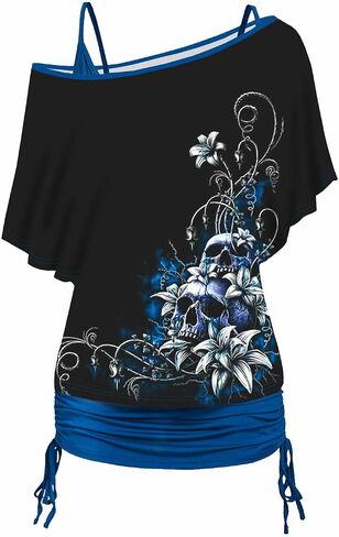 DRESSFO Women's Skull and Slogan Print Oblique Shoulder T Shirt and Cinched Ruched Tank Top Set in Saudi Arabia