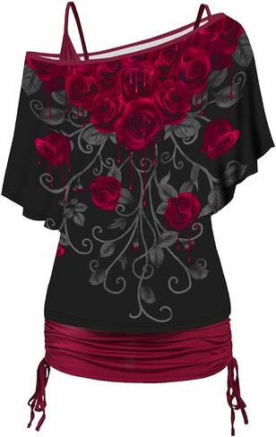 DRESSFO Women's Skull and Slogan Print Oblique Shoulder T Shirt and Cinched Ruched Tank Top Set in Saudi Arabia