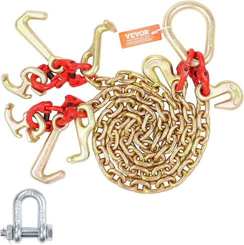 VEVOR G80 V Bridle Chain, 5/16" x 3' Towing Chain Bridle with R Hooks, T Hooks, J Hooks and Grab Hooks, Transport Tow Chain Bridle with 10800 lbs Safe Working Load for Flatbed Truck Wrecker Recovery in Saudi Arabia
