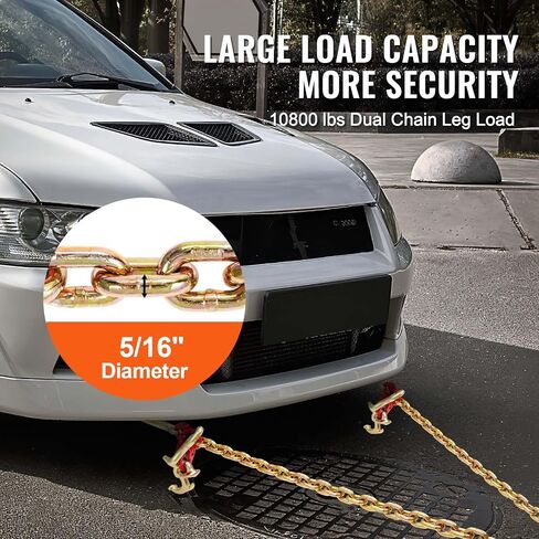 VEVOR G80 V Bridle Chain, 5/16" x 3' Towing Chain Bridle with R Hooks, T Hooks, J Hooks and Grab Hooks, Transport Tow Chain Bridle with 10800 lbs Safe Working Load for Flatbed Truck Wrecker Recovery in Saudi Arabia