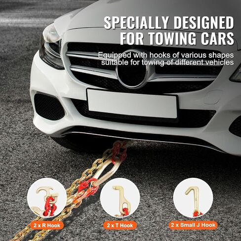 VEVOR G80 V Bridle Chain, 5/16" x 3' Towing Chain Bridle with R Hooks, T Hooks, J Hooks and Grab Hooks, Transport Tow Chain Bridle with 10800 lbs Safe Working Load for Flatbed Truck Wrecker Recovery in Saudi Arabia