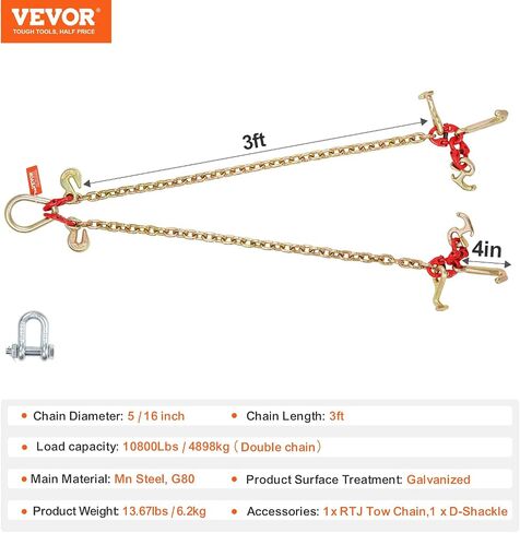 VEVOR G80 V Bridle Chain, 5/16" x 3' Towing Chain Bridle with R Hooks, T Hooks, J Hooks and Grab Hooks, Transport Tow Chain Bridle with 10800 lbs Safe Working Load for Flatbed Truck Wrecker Recovery in Saudi Arabia