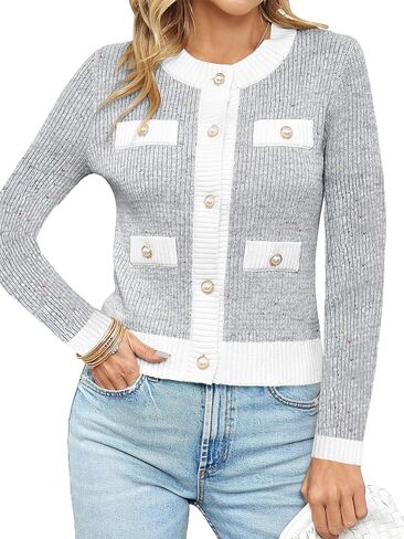 Langwyqu Womens Long Sleeve Button Down Cardigan Sweaters Cropped Open Front Tweed Jacket Fall Elegant Knit Tops in Kuwait