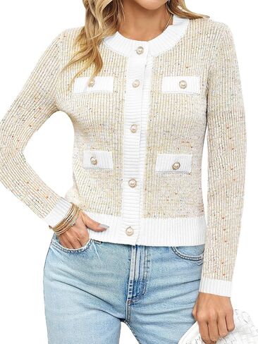 Langwyqu Womens Long Sleeve Button Down Cardigan Sweaters Cropped Open Front Tweed Jacket Fall Elegant Knit Tops in Kuwait