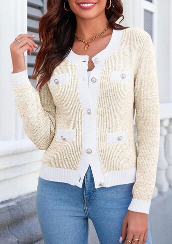 Langwyqu Womens Long Sleeve Button Down Cardigan Sweaters Cropped Open Front Tweed Jacket Fall Elegant Knit Tops in Kuwait